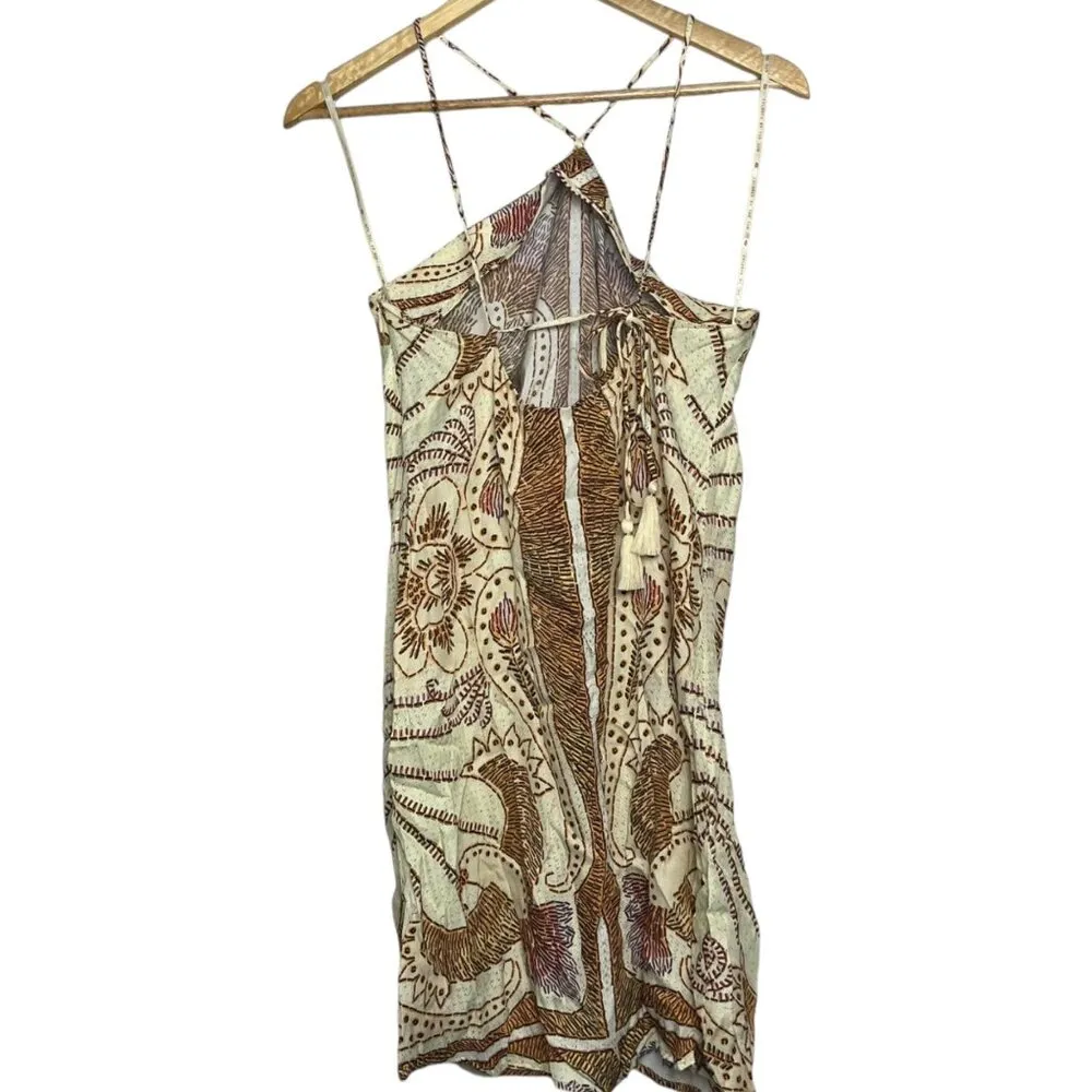 Farm Rio Women's S Halter Mini Dress Gold Tropical Boho Print Paisley Beach - Image 4