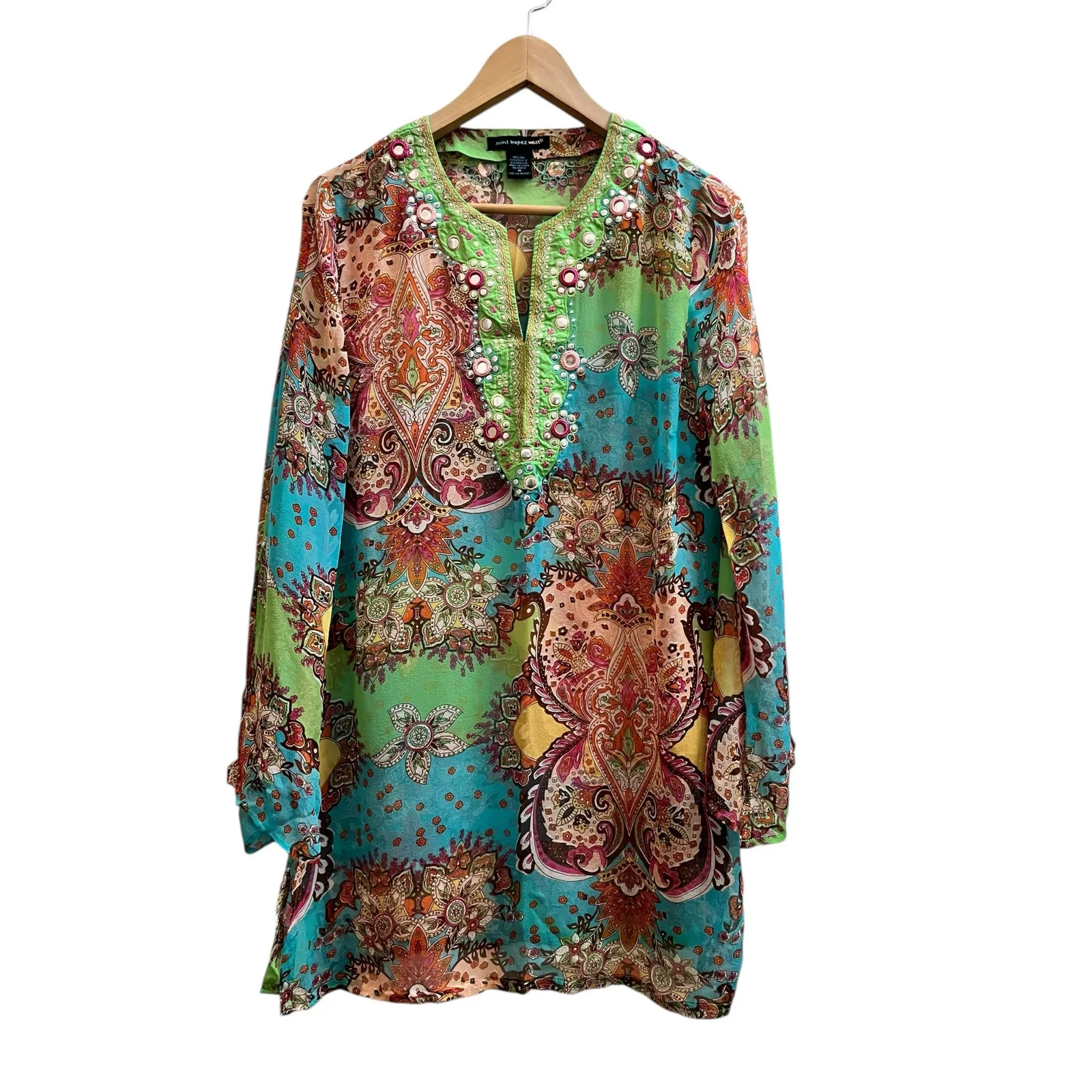 Saint Tropez West Silk Semi Sheer Multicolor Stud Embellish Cover Up Tunic Large - Image 3