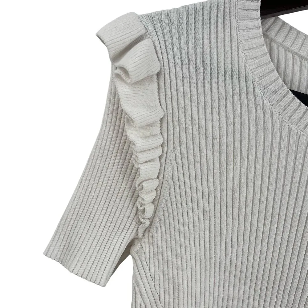 Cinq a Sept White Sweater Medium Short Sleeve Ruffle Detail - Image 3