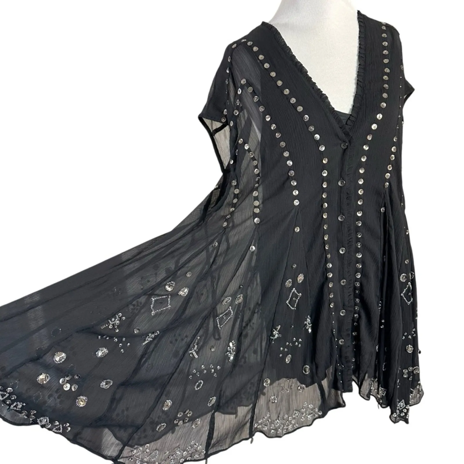 Free People Bohemian Gypsy Witchy Beaded Aston Dress Black Small Sheer Bells - Image 3
