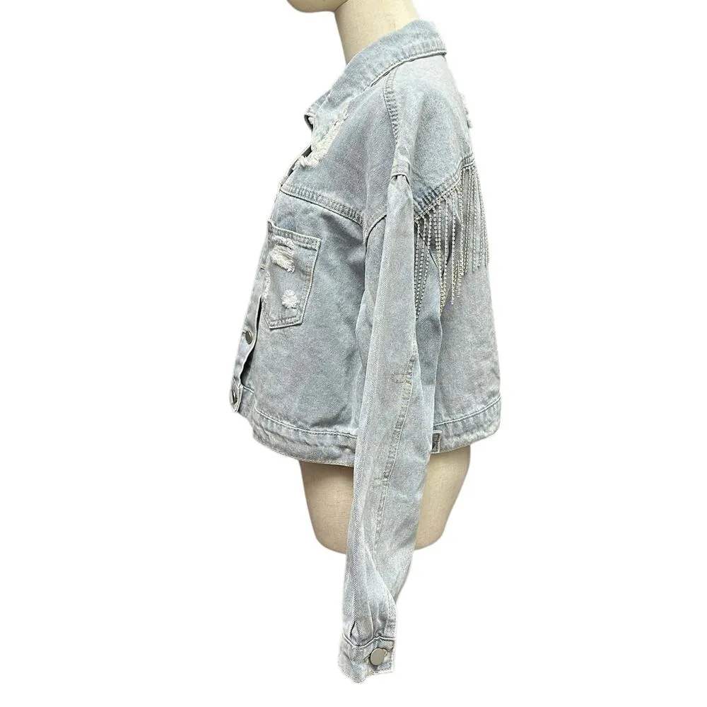 LA BIZ Sz Medium Sparkly Rhinestone Fringe Light Wash Distress Denim Crop Jacket - Image 2