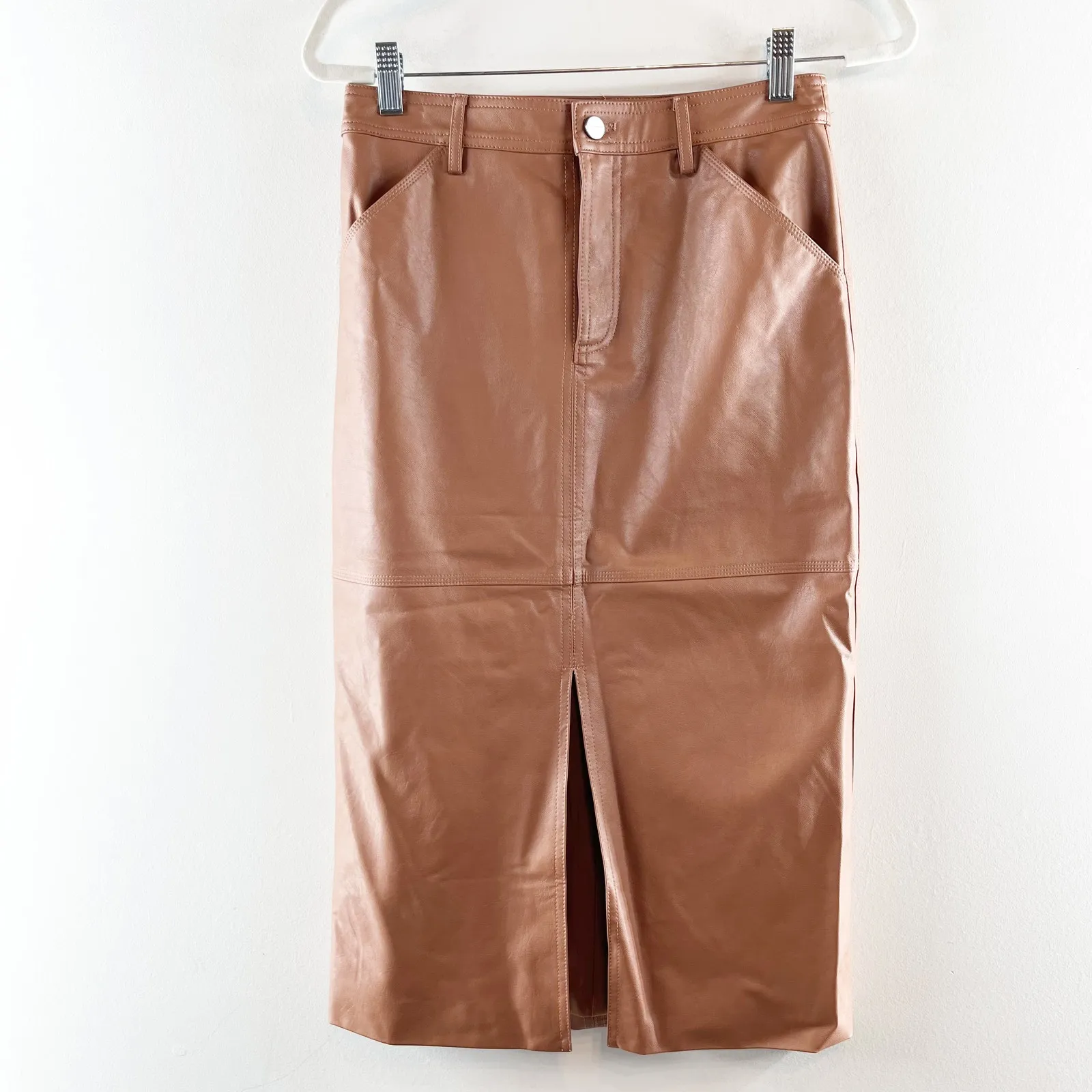 Sanctuary by Evereve Triple Threat Vegan Leather Midi Skirt Rawhide Camel Brown - Image 4