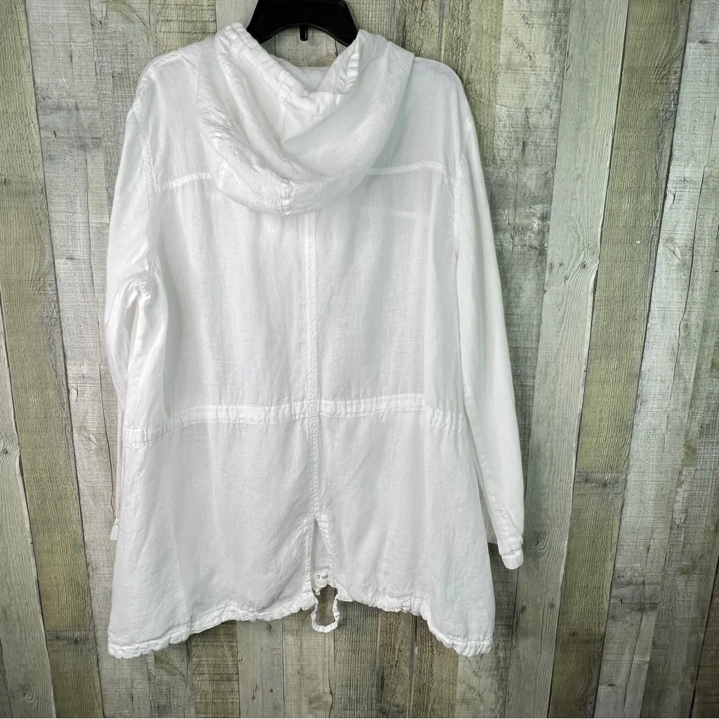 Eileen Fisher XL 100% Irish Linen White Jacket Hooded Zip Front Drawstring Waist - Image 2