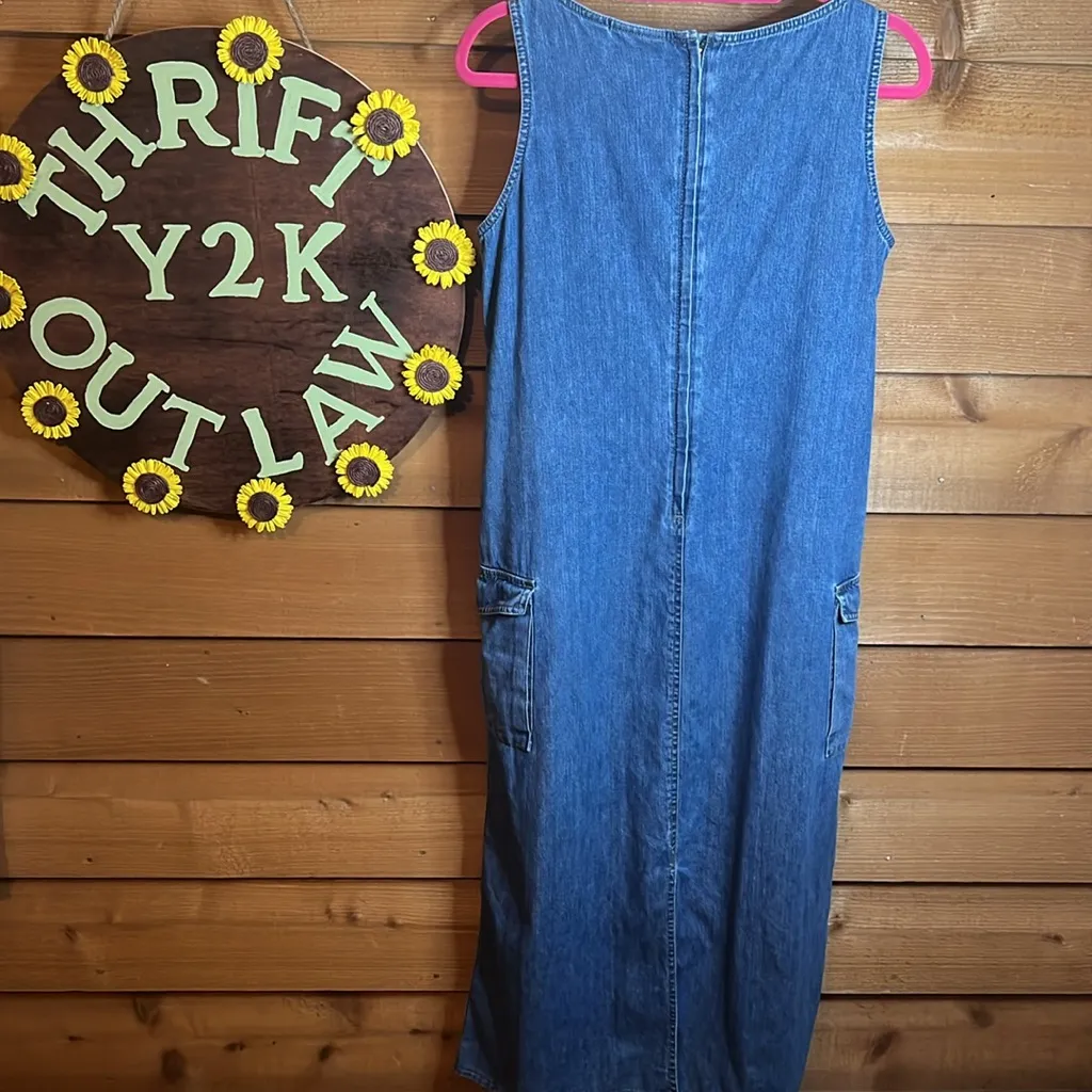 Vintage Liz Claiborne Cargo Pocket Maxi Dress High Neck Sleeveless Denim Jean - Image 2