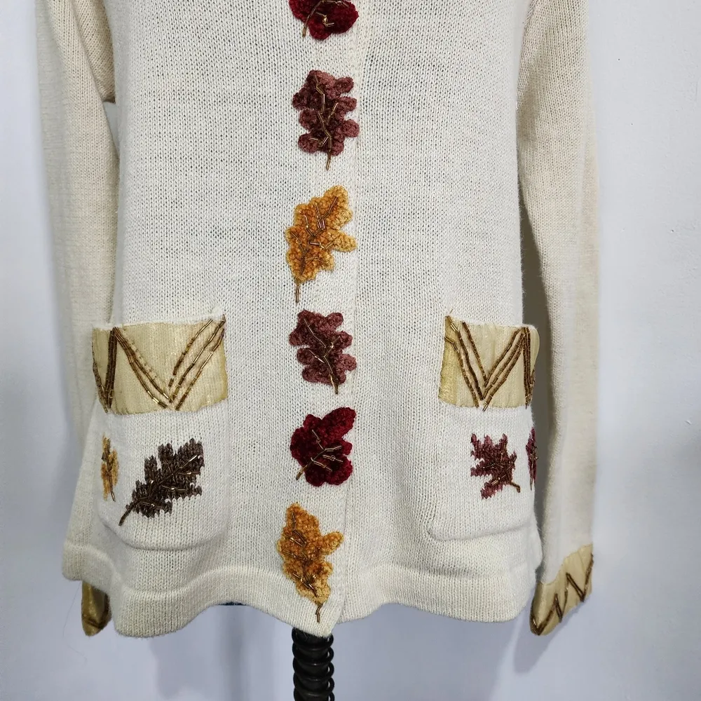 Vintage J Two Fall Leaves Cardigan Sweater Brown Size M - Image 3