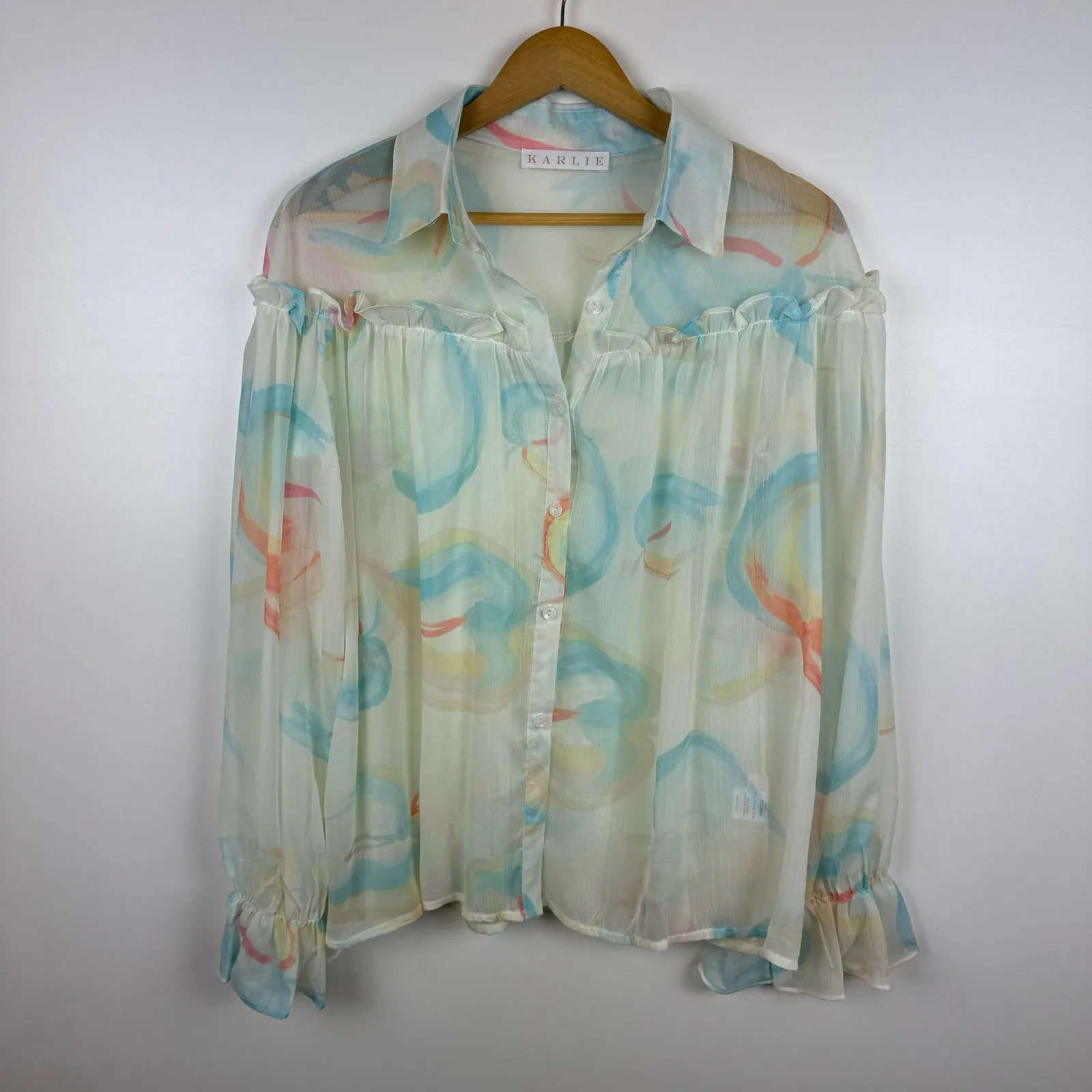 Karlie‎ Womens Multicolor Watercolor Sheer Long Sleeve Blouse with Ruffle Sz O/S - Image 3