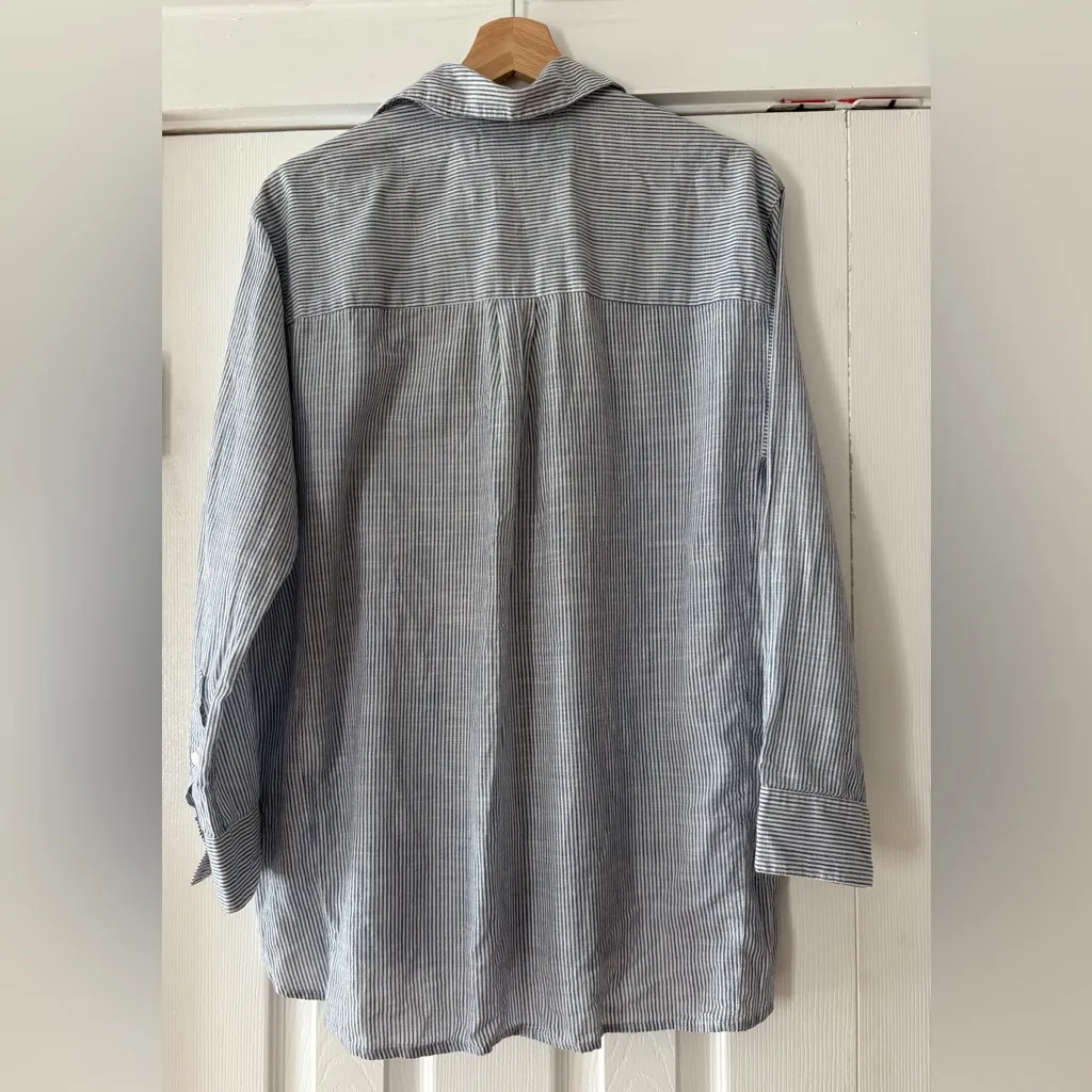 Madewell Casual Striped 1/4 Button Down Shirt Blue White Cotton Size Medium‎ EUC - Image 2