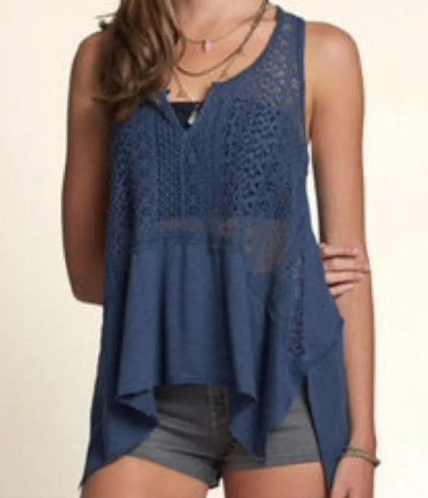 HOLLISTER Lace Twist Back Tank Solid White Crochet Cotton Boho Top JUNIORS XS - Image 3