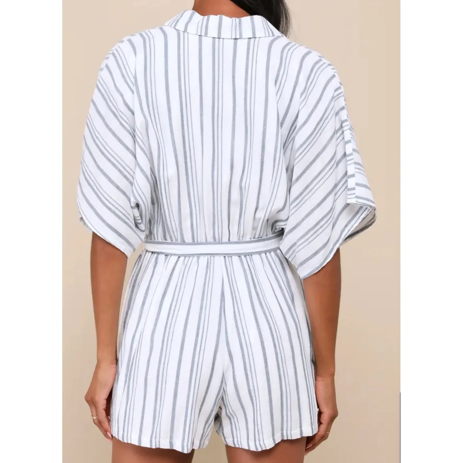 NWT Lulus Medium Sun-Drenched Sweetie White and Blue Striped Button-Up Romper - Image 2