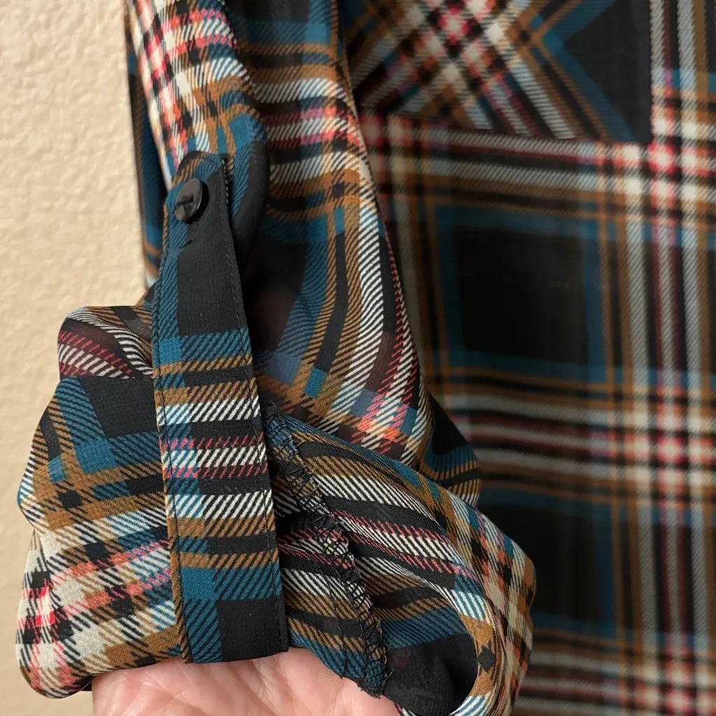 Decree LARGE Semi-Sheer Multicolor Plaid Button Down Shirt Roll Tab Long Sleeves - Image 6