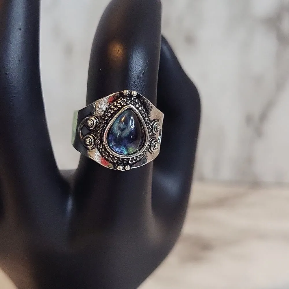 Gemstone Labradorite Pearl Shape Silvery Rings Size 6 Blue - Image 5