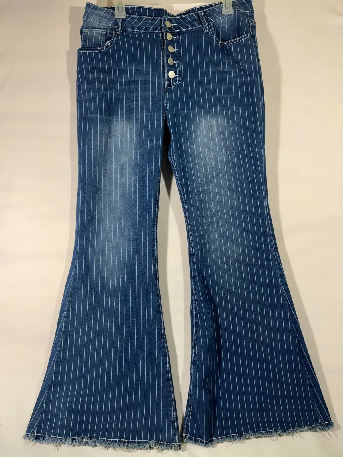 Womens Bell Bottom Jeans Pinstripe Flare Button Fly Boho Hippie Denim Pants XL Blue - Image 1
