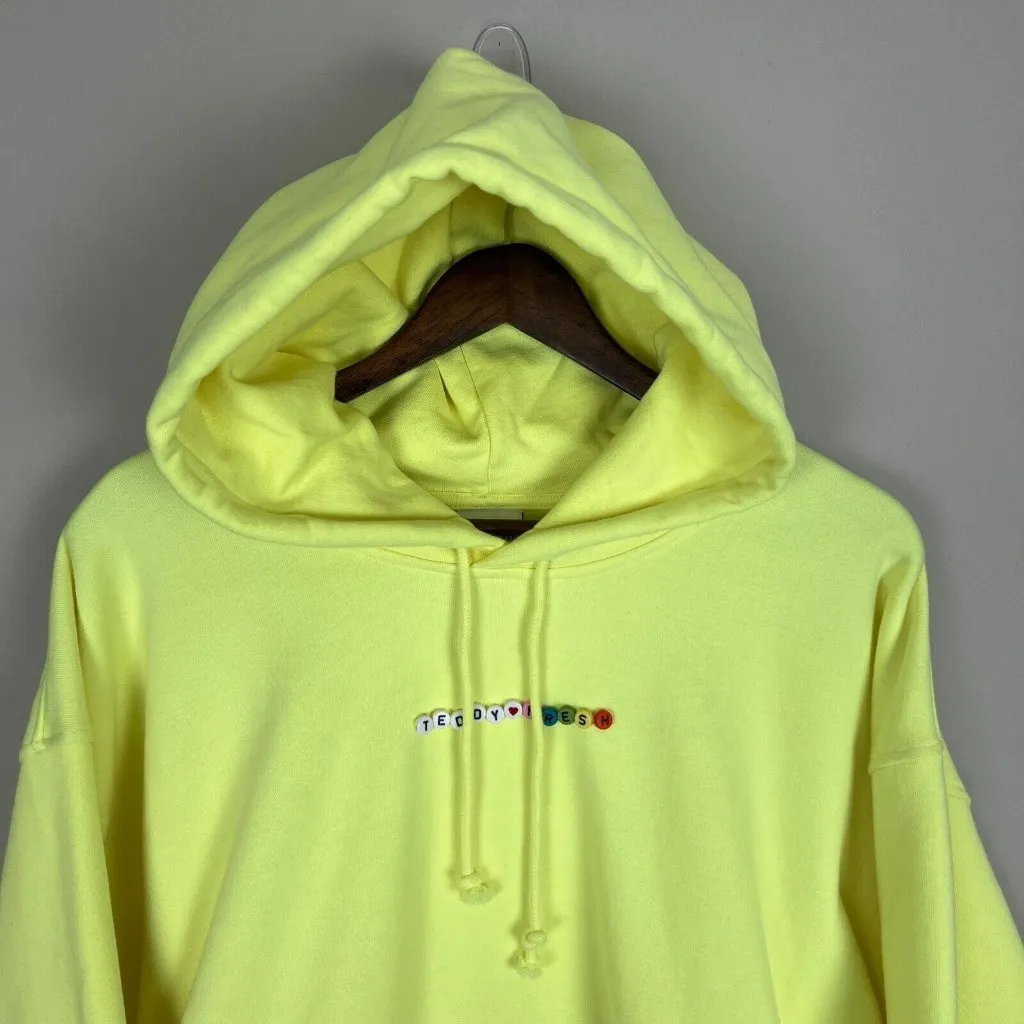 Teddy Fresh Hoodie Womens XL Highlighter Neon Yellow Cropped 100% Cotton Beaded‎ - Image 3
