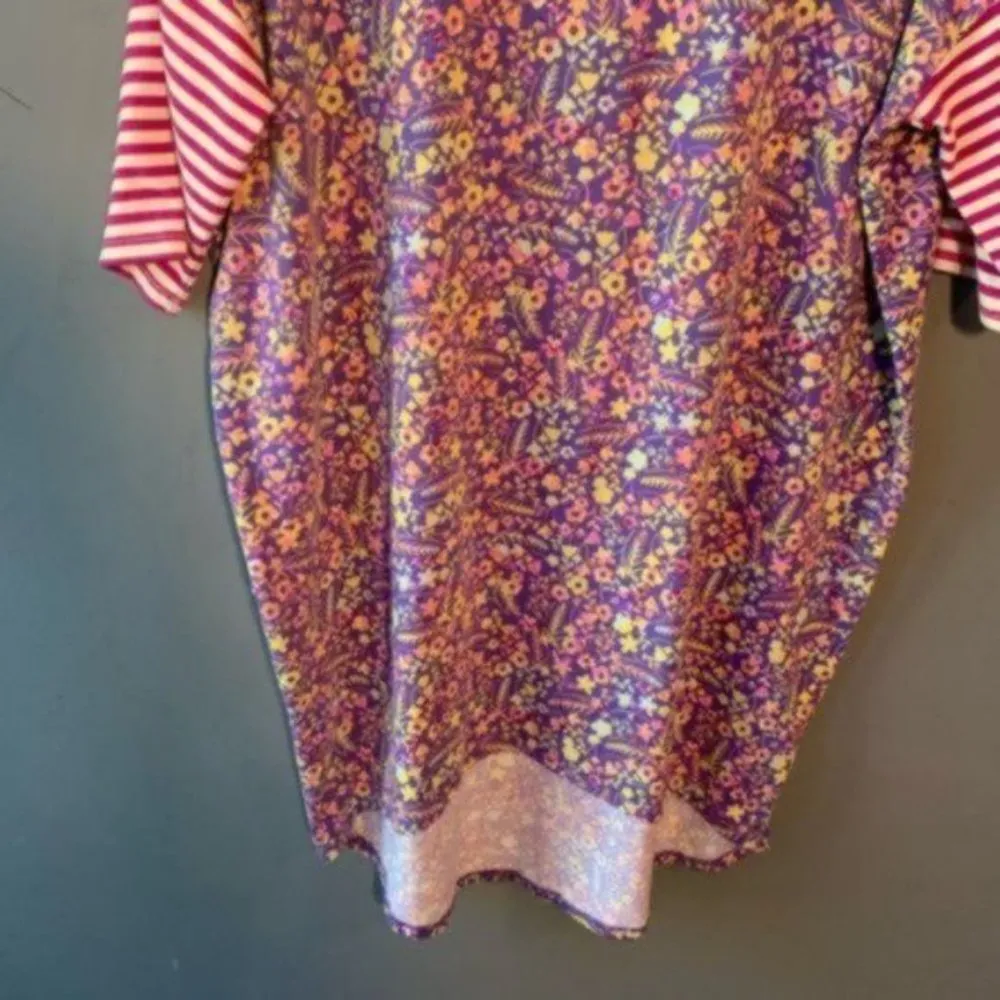 Lularoe Irma Tunic Top Purple Floral Pink Stripe Sleeve - Image 5