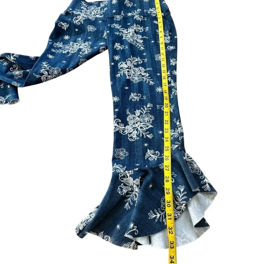 Slim Factor Capri Pants Flare Ruffle M Blue White Floral Boho Cottagecore FLAW Size M - Image 11