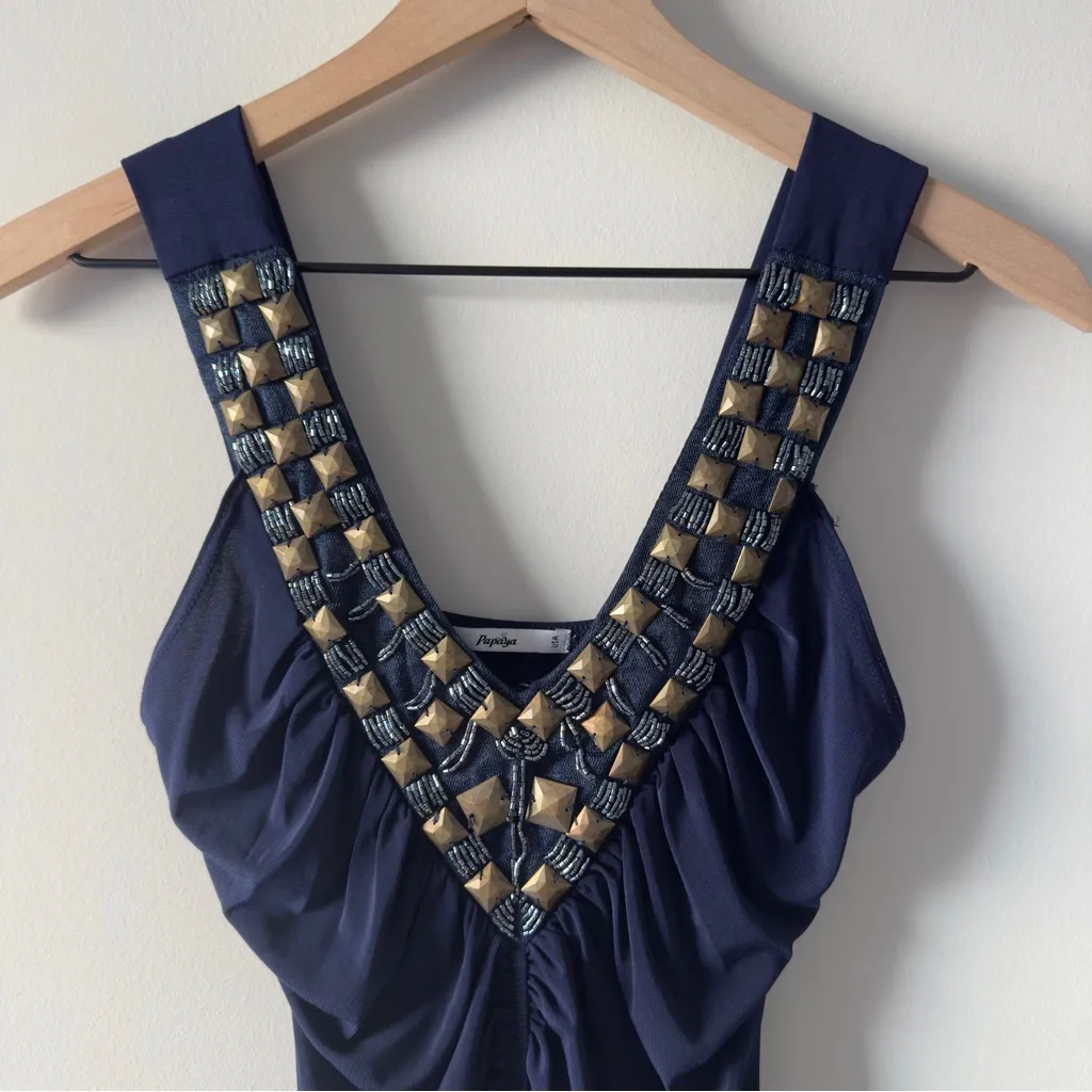 Vintage 2000s Papaya Navy Ruched Embellished Bodycon Mini Dress V - Image 10