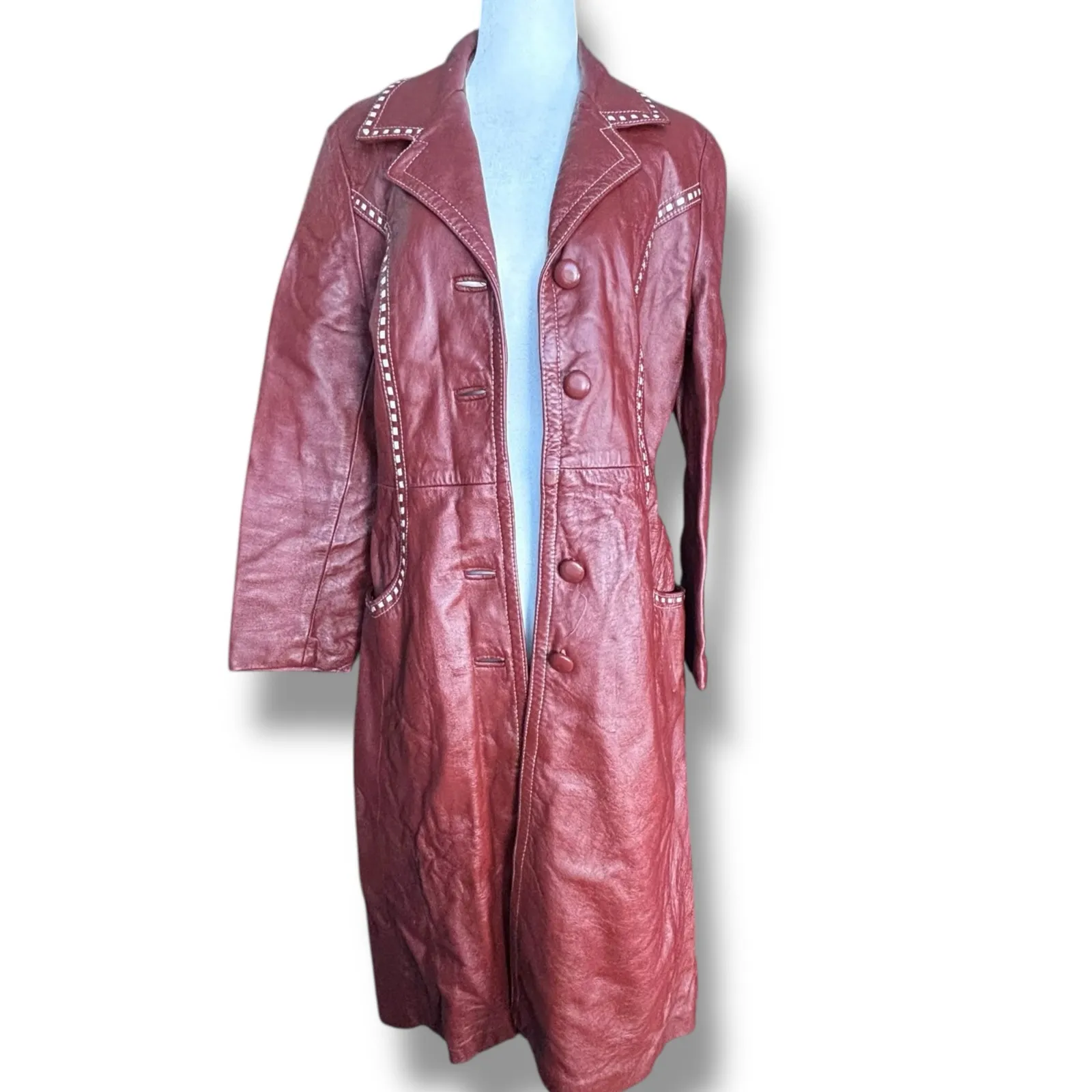 Vintage 70s Burgundy Leather Longline Trench Coat White Whipstitch Western Ranch Red - Image 4