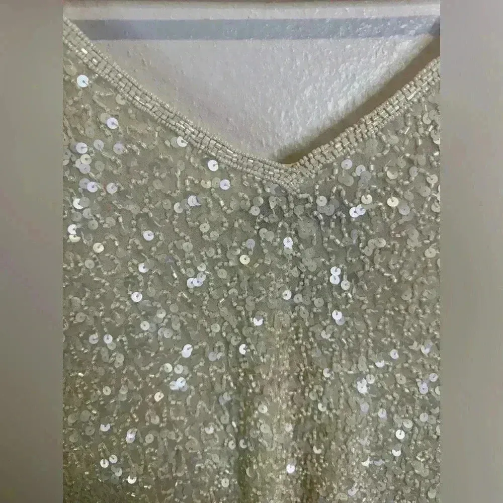 Vintage Papell Boutique Women’s Sequin Beaded Split Flutter Sleeve Silk Blouse - Image 11