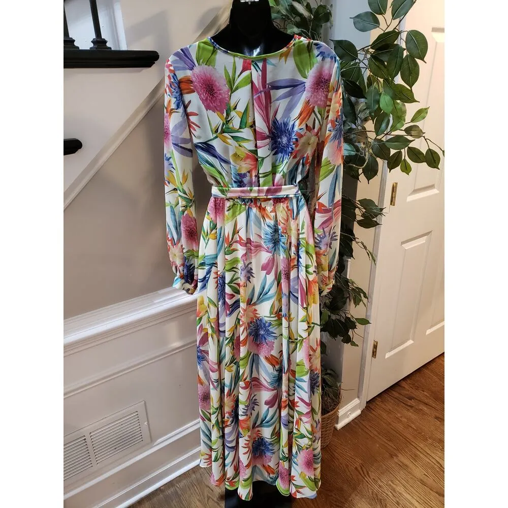 Ark & Co. Long Maxi Dress Womens Small Multi Floral Lined Tie Waist Wrap V Neck Pink - Image 4