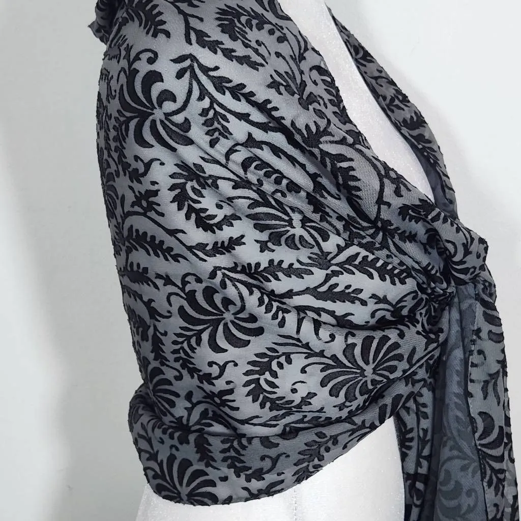 Cejon Black and Gray Textured Wrap One Size Sheer Scarf with Black Leaf Pattern - Image 4