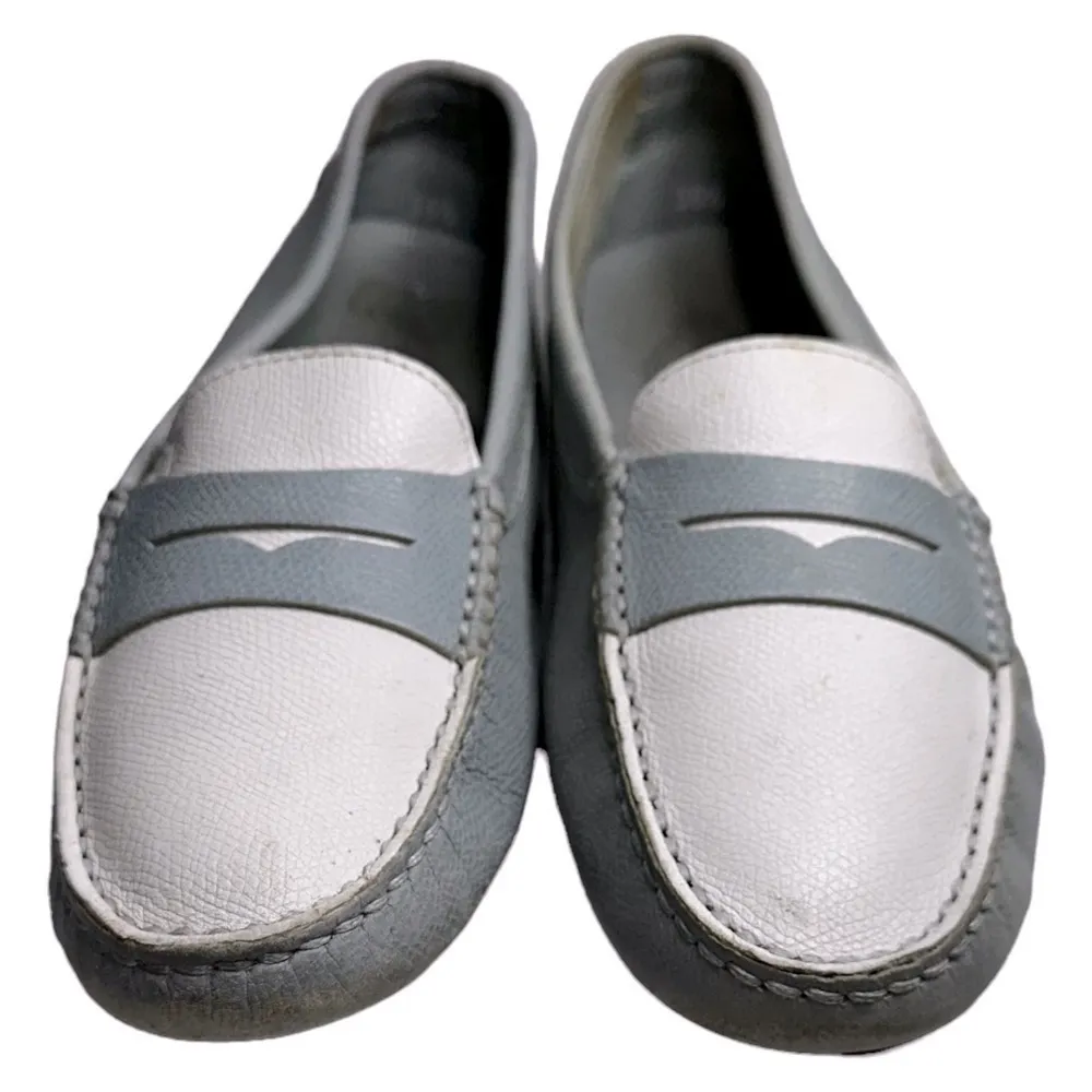 Tod’s Women’s Size 38.5 7.5 Blue White Pebbled Leather Nub Bottom Penny Loafers - Image 6