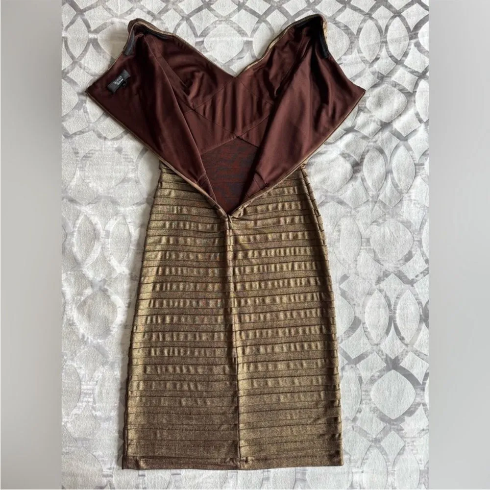 TADASHI SHOJI Metallic Bronze Gold Pleated Formal Cocktail Dress Small - Image 9