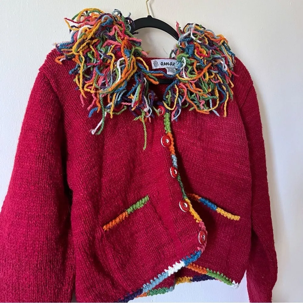 Amano Rainbow Fringe 100% Wool Cardigan Sweater S/M Red Size undefined - Image 4