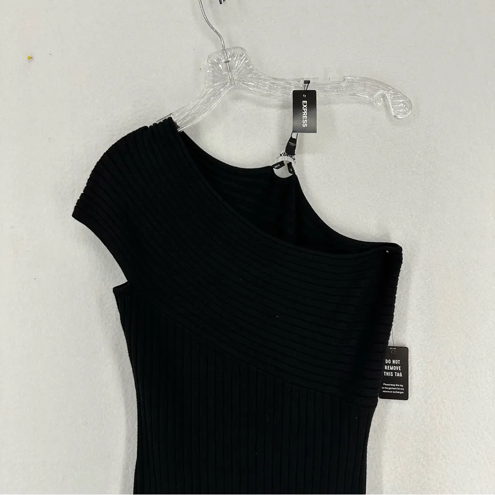 NWT Express One Shoulder Bodycon Midi Ribbed Dress Medium Black - Image 2