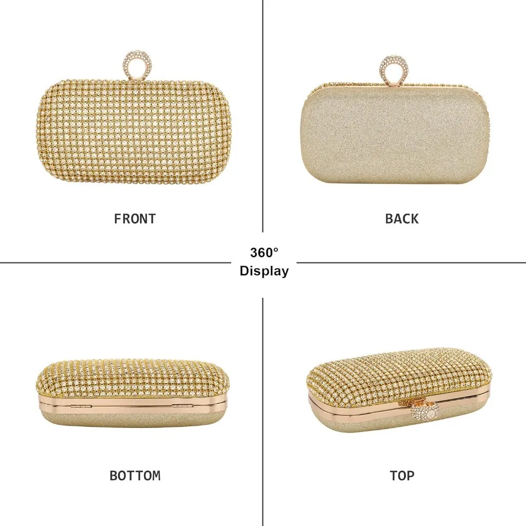 ⚡ Women's Rhinestone Evening Sparkly Glitter Crystal Ring Clasp Gold Clutch Bag - Image 3
