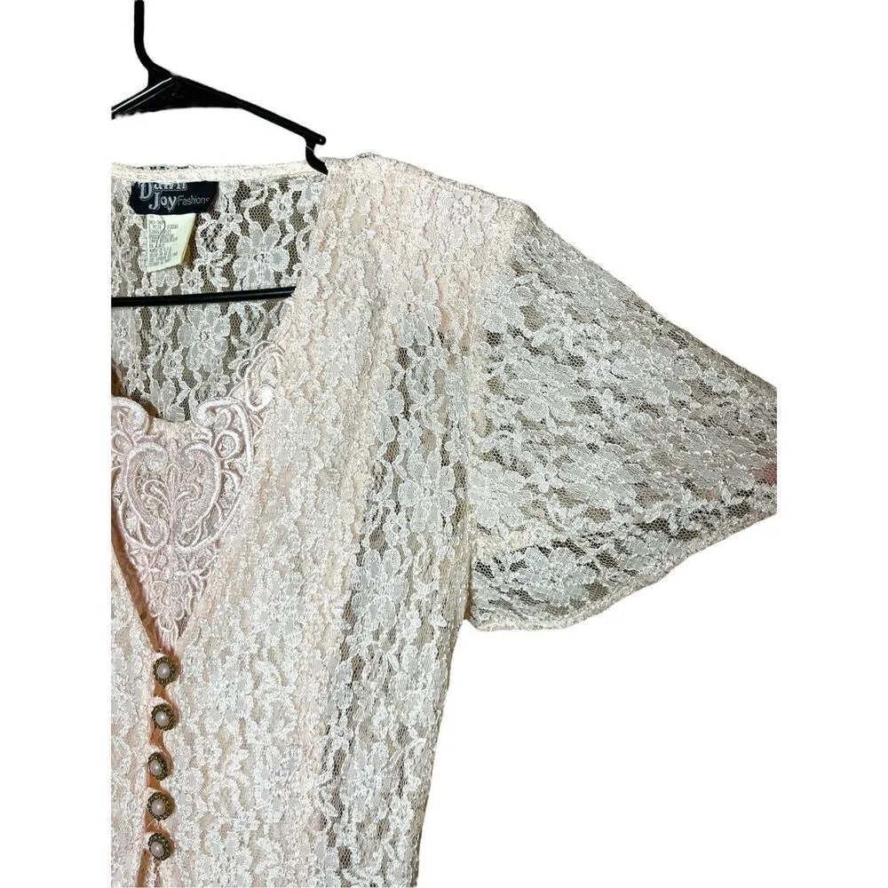 Vintage Dawn Joy 80s/90s Light Pink Lace Coquette Cottagecore Lace Maxi Dress Si Size 8 - Image 4