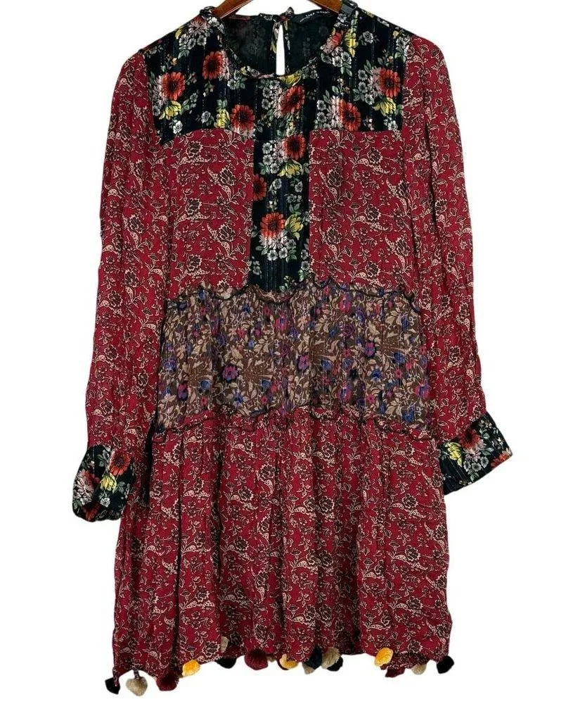 Zara Floral Patchwork Tiered Pompom Semi Sheer Peasant Mini Dress M Black Red - Image 13