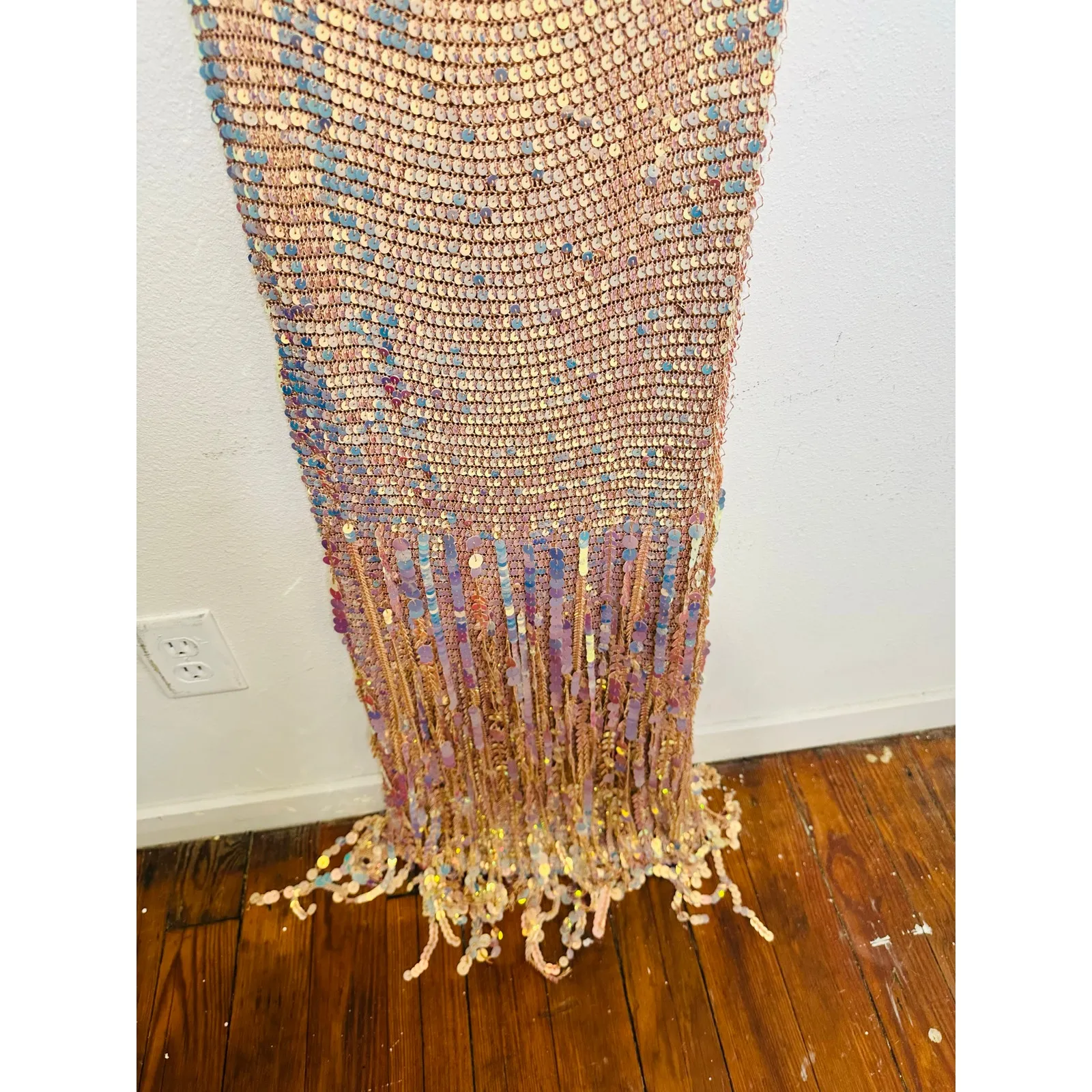 NWT RETROFETE Tan Tera Ballerina Colorway Sequin Fringe Crochet Dress Size M - Image 8