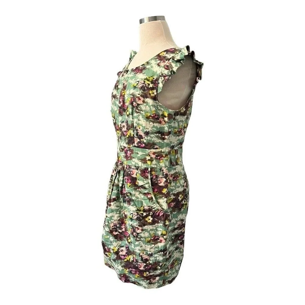 DARLING BRAND LINEN APRIL DRESS‎ FLORAL RUFFLES POCKETS LINED SIZE LARGE NWT Green - Image 3