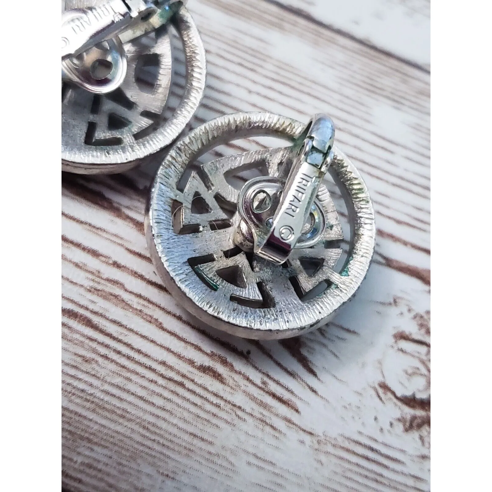 Vintage Trifari Clip On Earrings - Fancy Silver Tone Circle - Just Over 7/8" - Image 6