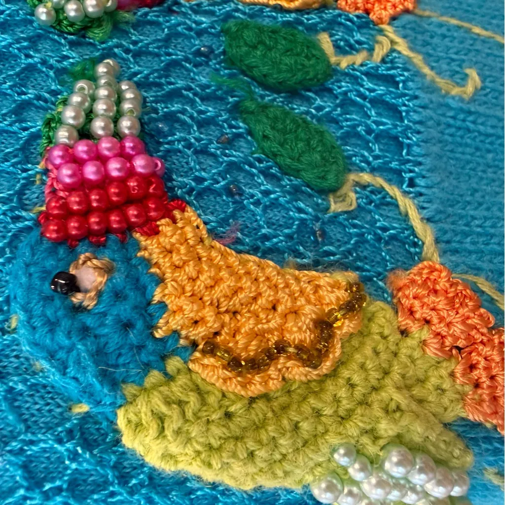 Berek Blue Art to Wear Hand Knitted Embellished Cardigan Sweater Rare Large VTG - Image 11