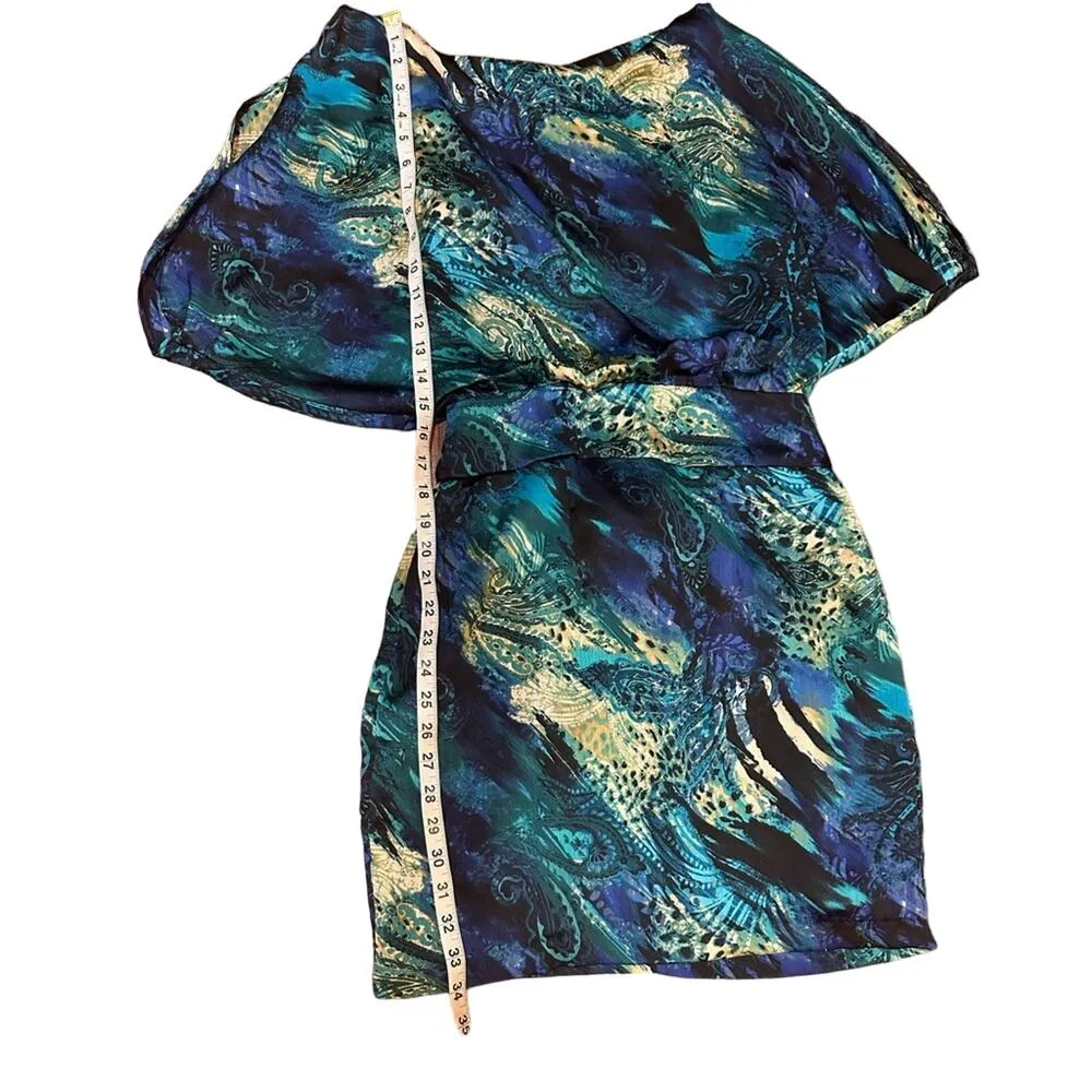 Bisou Bisou Cut Out Peacock Jewel Tone Off Shoulder SILK Mini Dress SZ 4 EUC - Image 11