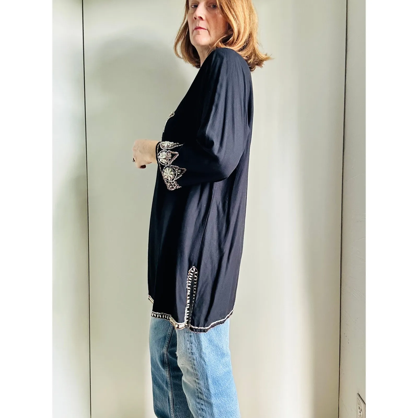 Vintage 90s Faith Resortwear Embellished Tunic Top Black Size Large Boho Vaca - Image 6