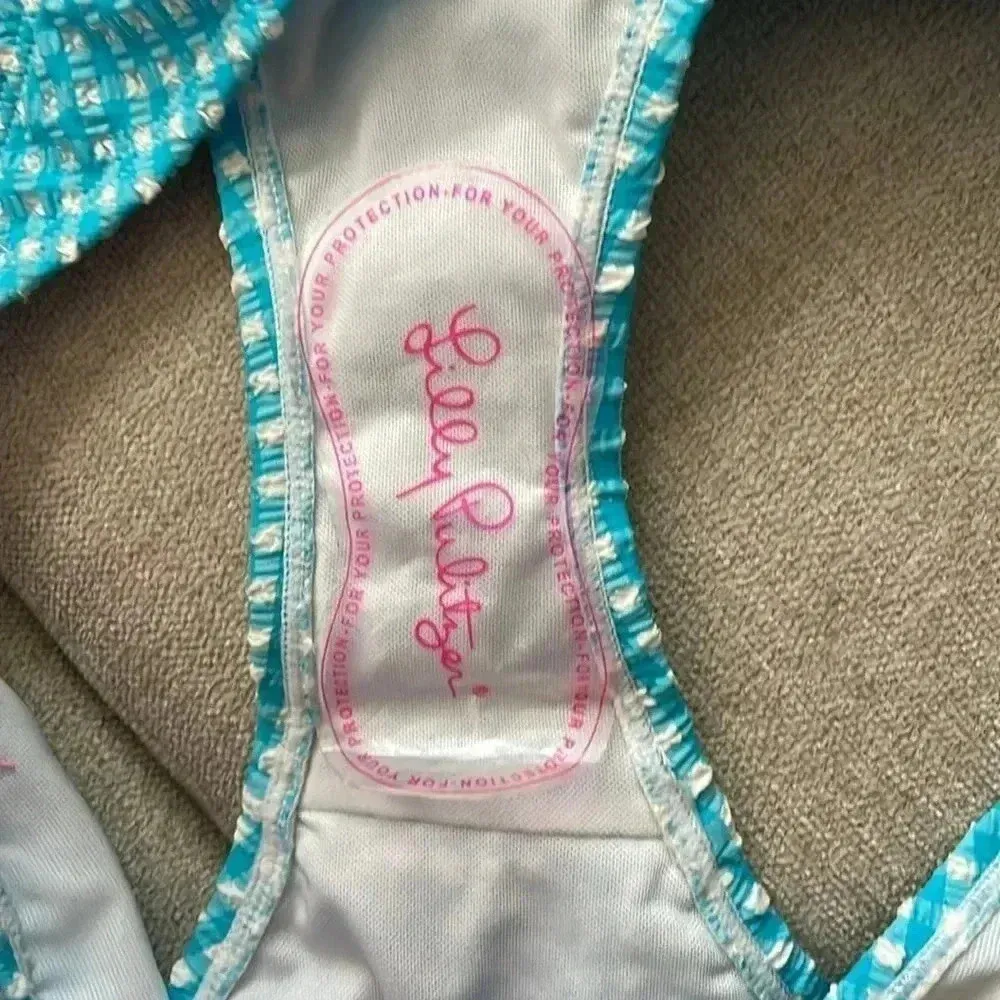 Lilly Pulitzer Blue White NWOT Women’s Aelin Crinkle Gingham Bikini Top Size 12 - Image 7