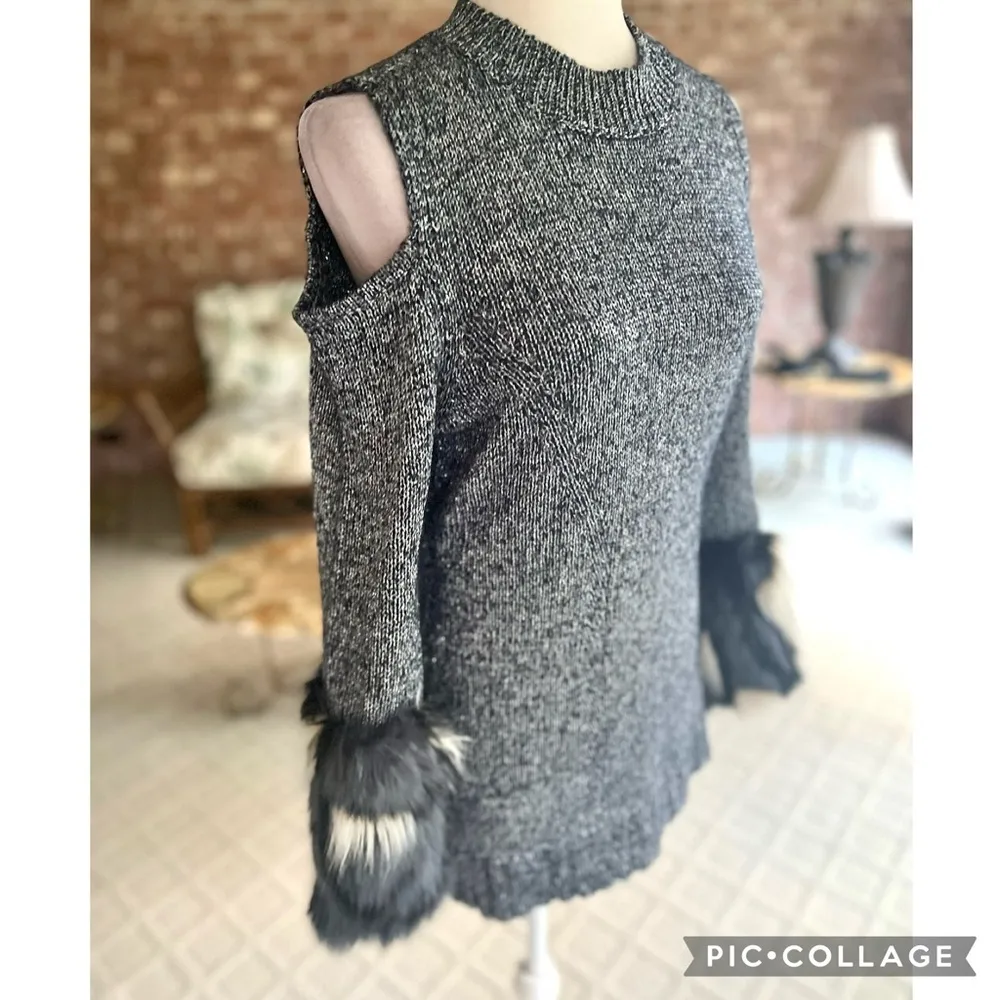 Boston Proper Faux Fur Cuff Sweater M Shimmer Black Cold Shoulder Glam Chic - Image 13