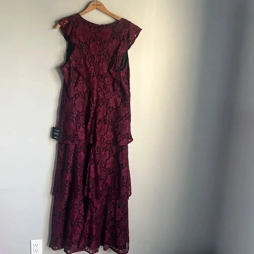 NEW Lulus Molinetto Burgundy Lace Ruffled Tiered Sleeveless Maxi Dress - Image 3
