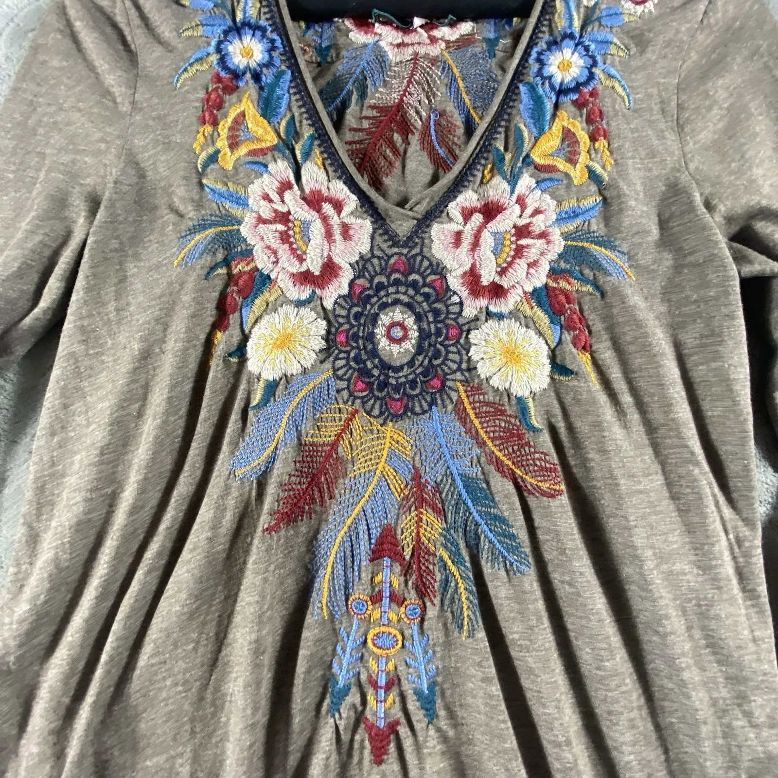 Johnny Was Womens Brown Darielle Embroidered Top Medium Flute Sleeve Boho Unique - Image 5