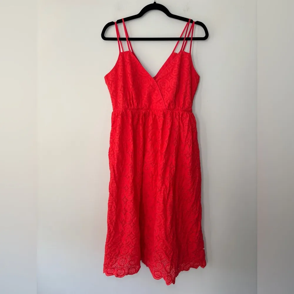 J Crew Coral Red Eyelet Double Strap 100% Cotton Midi Dress Size 10‎ - Image 2