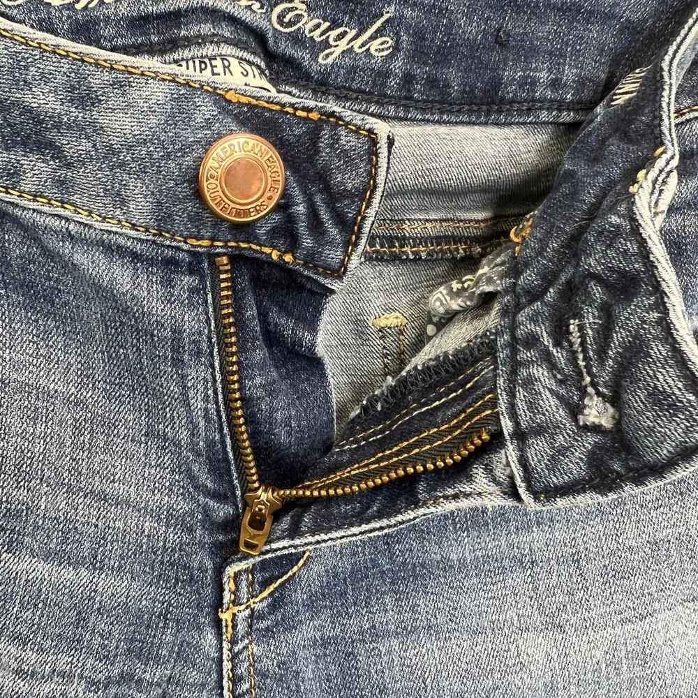 American Eagle Distressed Skinny Jeans Blue Sz 4 Super Stretch 90s Denim Grunge - Image 9