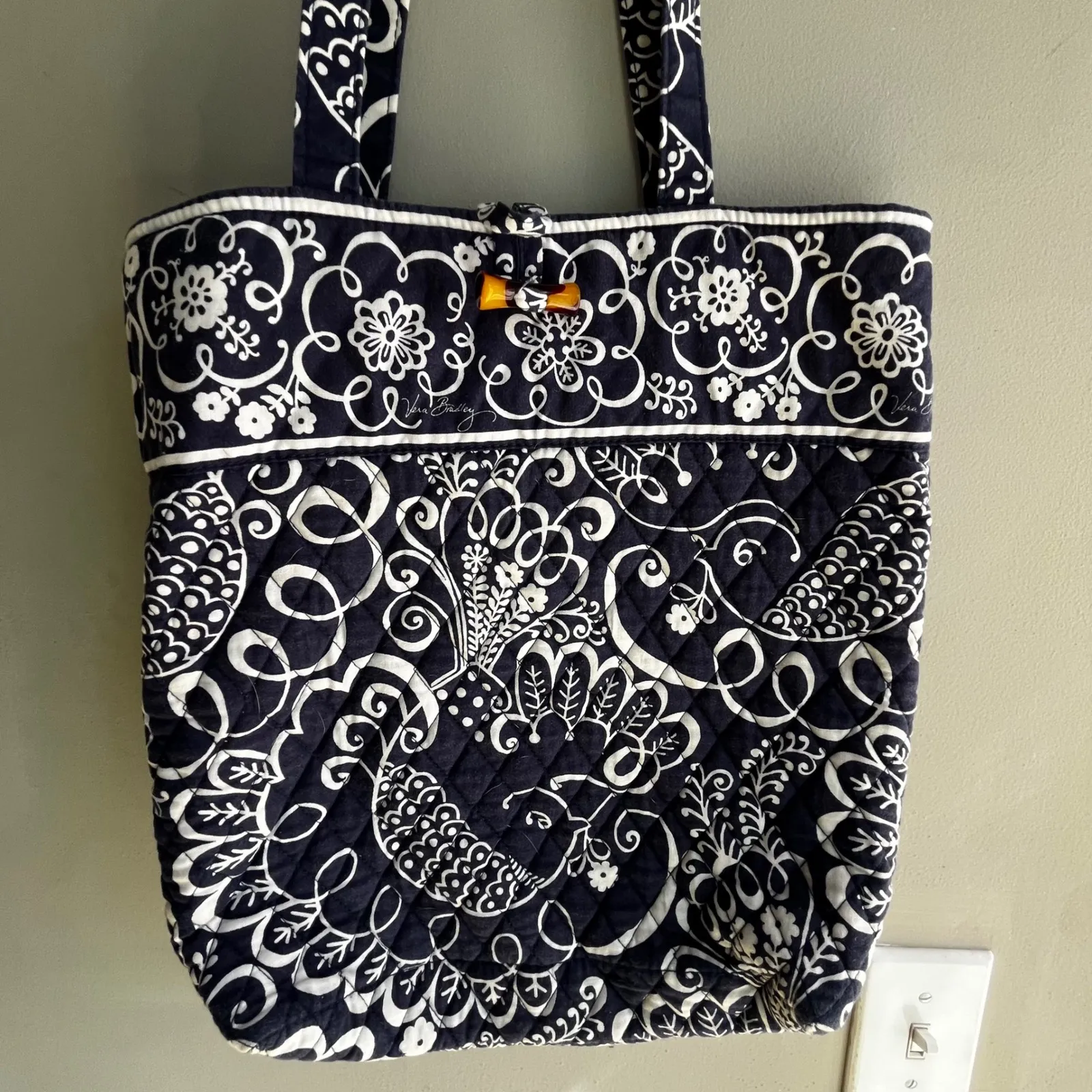 Vera Bradley Tote Bag Navy Blue Quilted Floral Birds Shoulder Bag Purse - Image 2