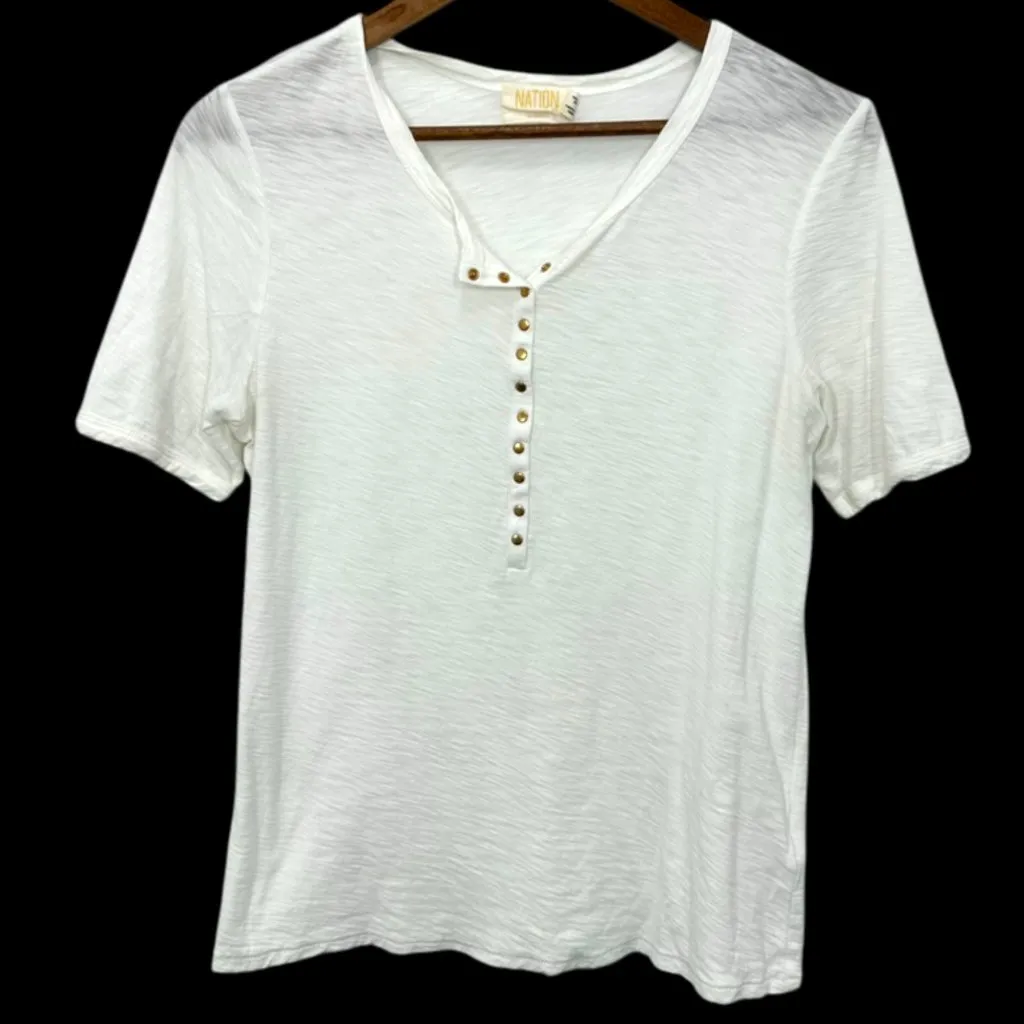 Nation LTD Women's Size Medium Cream White Pima Cotton Button Henley Tee Casual - Image 1