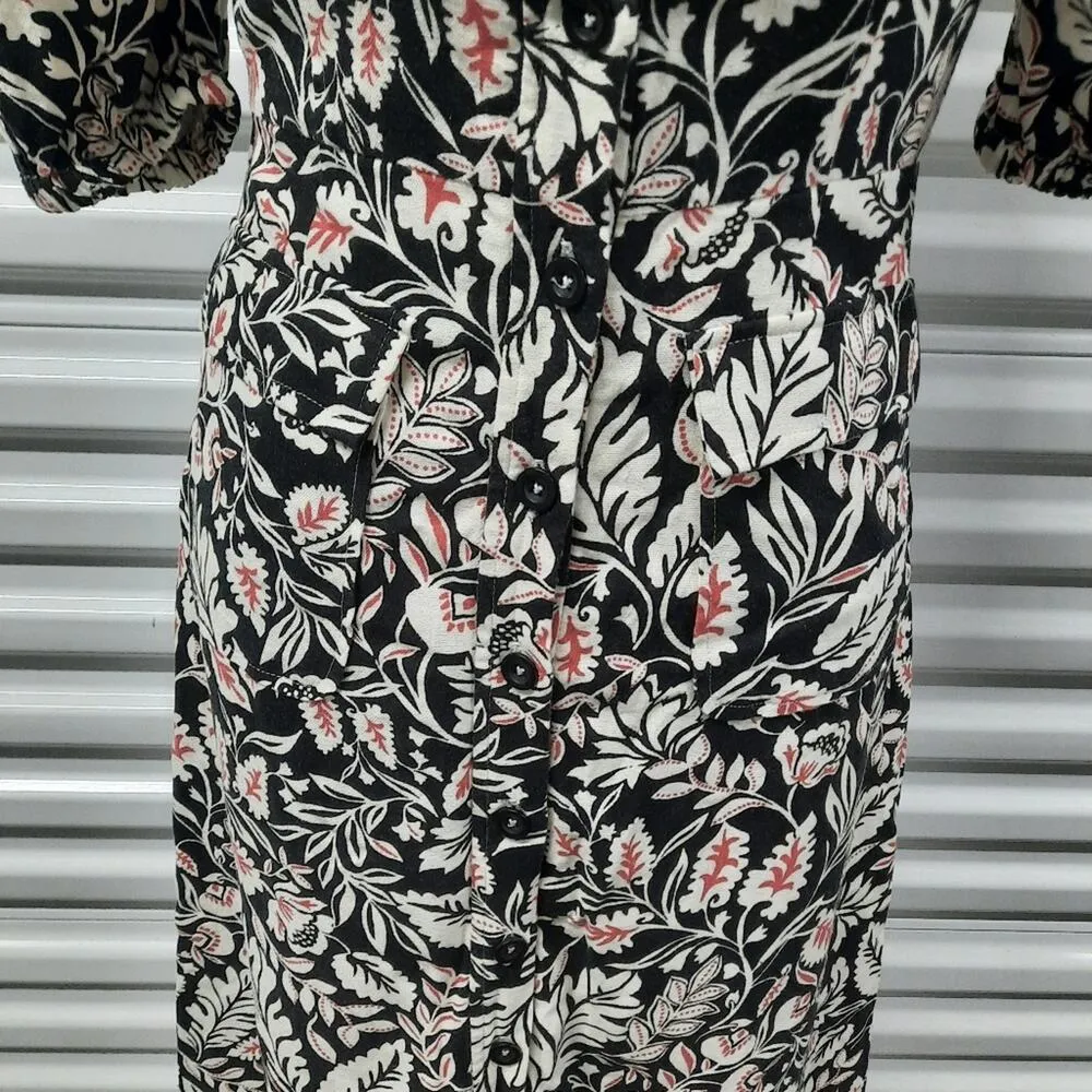 BCBGMAXAZRIA Dress Womens 0 Black White Floral Linen Blend Button Front Midi - Image 5
