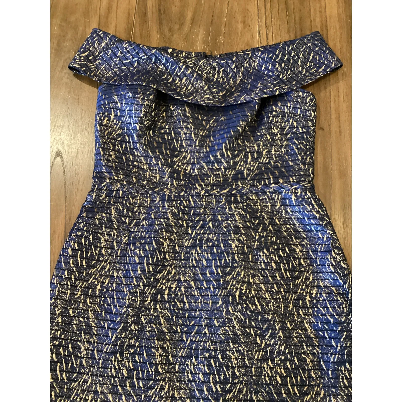 Teri Jon by Rickie Freeman Jaquard Stripe Off the Shoulder Sheath midi Dress 10 Blue - Image 2