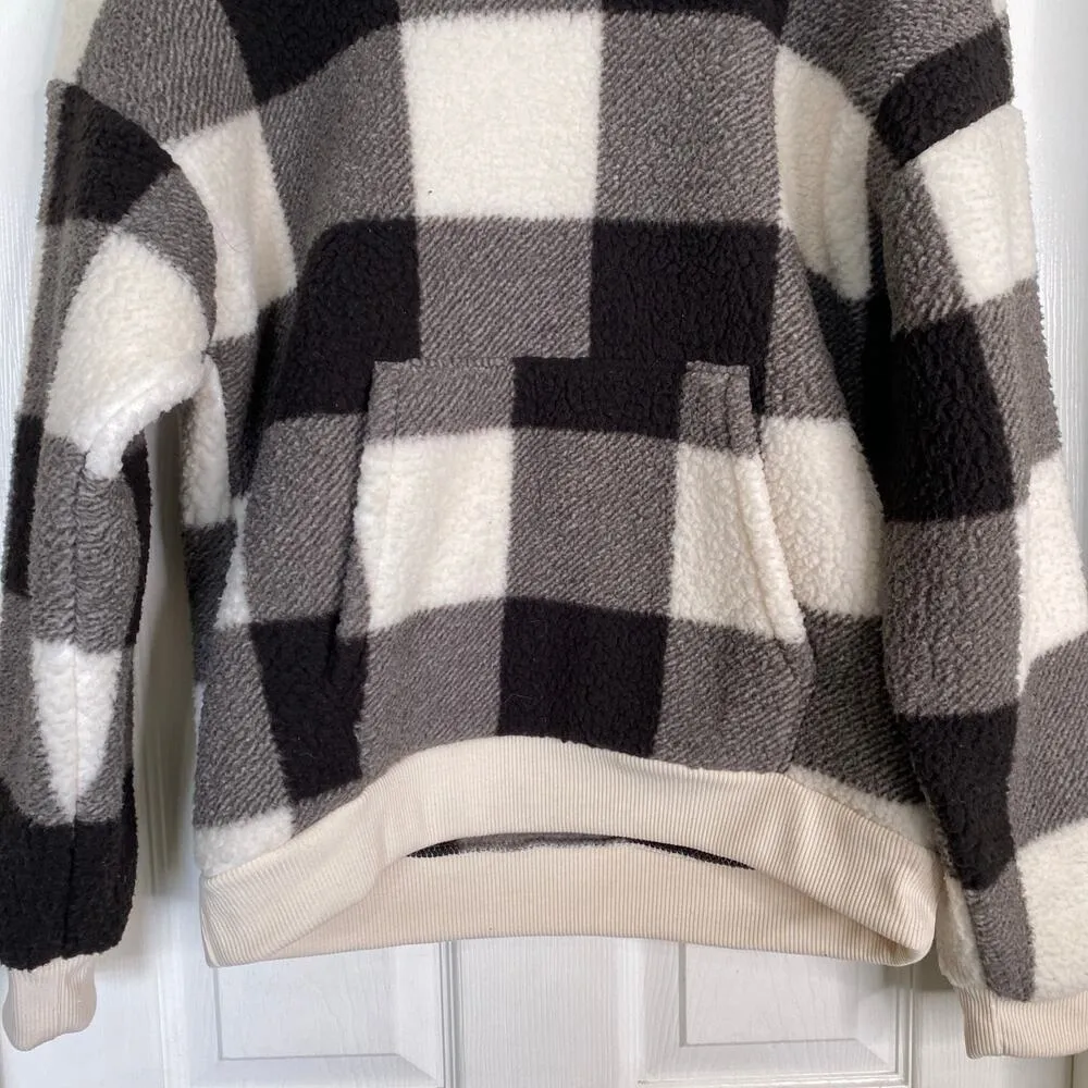 AMERICAN EAGLE Buffalo Plaid Sherpa Hoodie Size Small Fleece Black White - Image 5