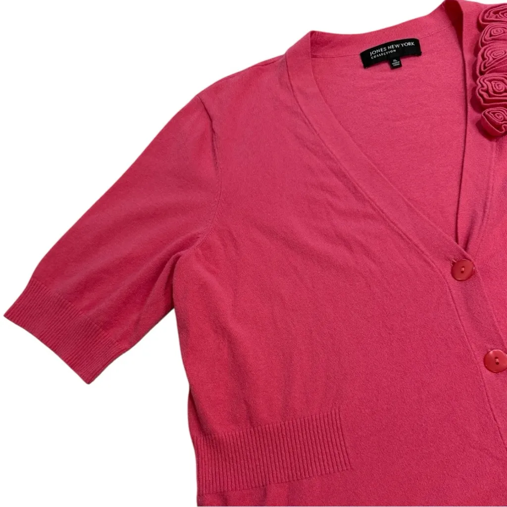Vintage Jones New York Pink Rose Appliqué Shore Sleeved Cardigan - Image 3