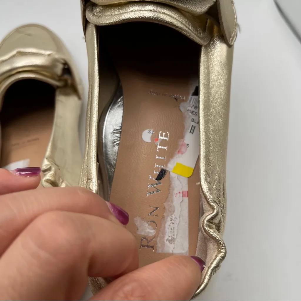 EUC RON WHITE Fibi Metallic Gold Leather Flat Loafers In Onyx size 35.5 US 5 - Image 8